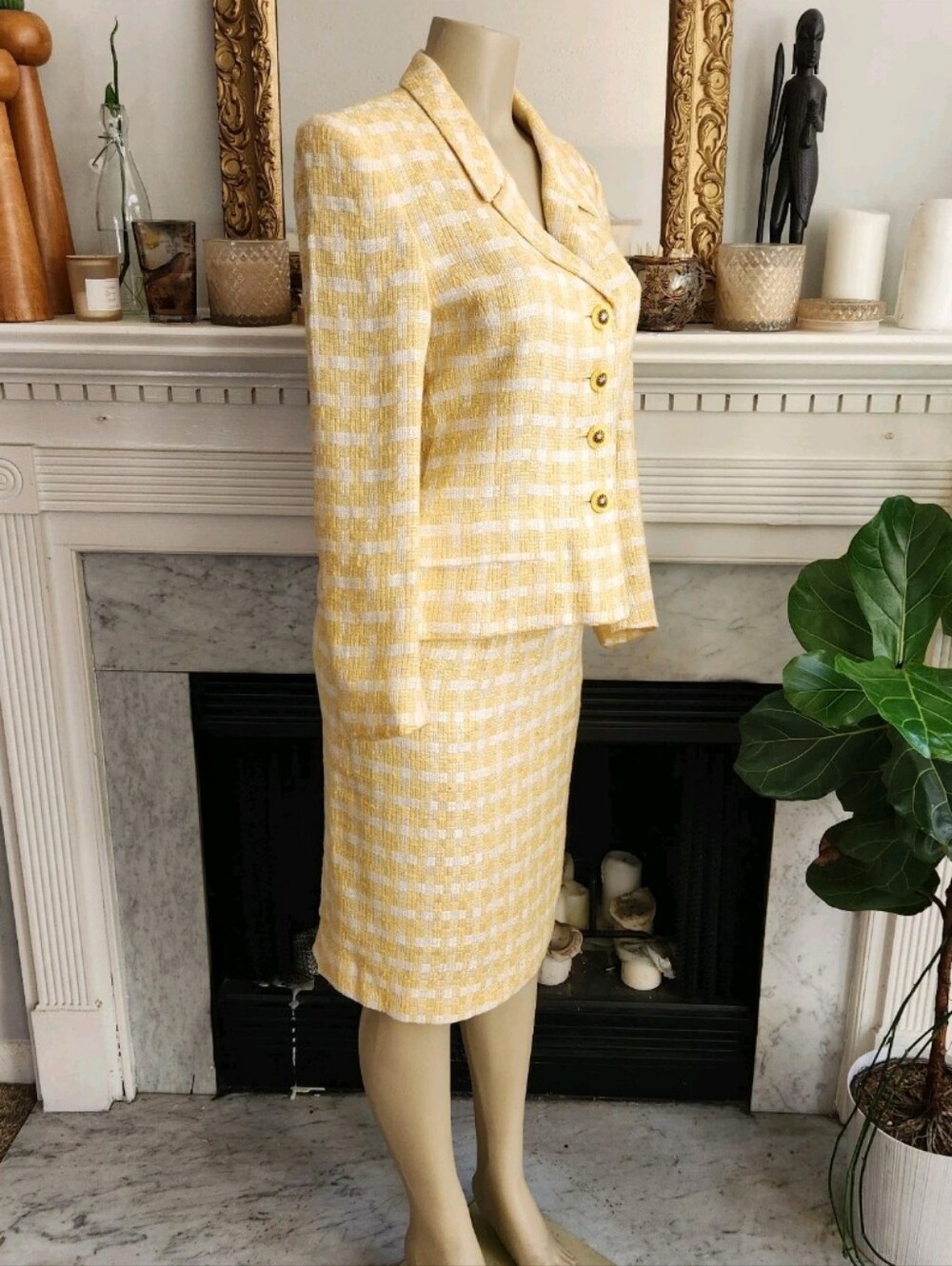Vintage 90s Yellow White Skirt Suit Size 6 Boucle Tweed Pastel Coastal Grandma - Picture 3 of 8